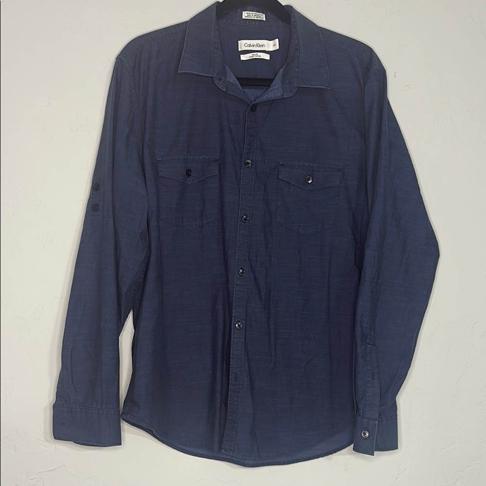 Calvin Klein Mens Slim Fit Navy Blue Cotton Roll Tab‎ Button Down Shirt Large